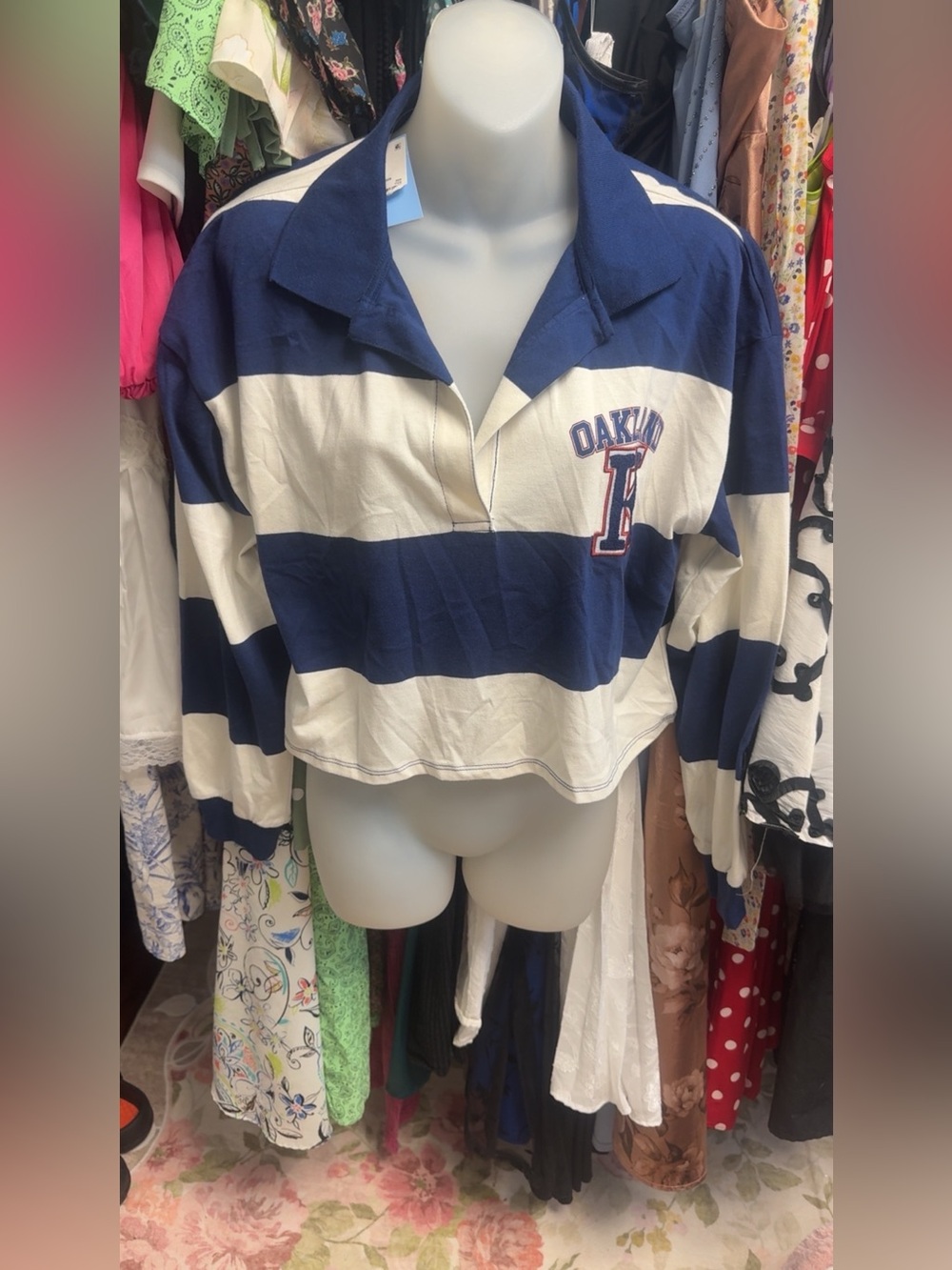 Navy & White Striped Womens Freeze Oakland Rugby Crop Top